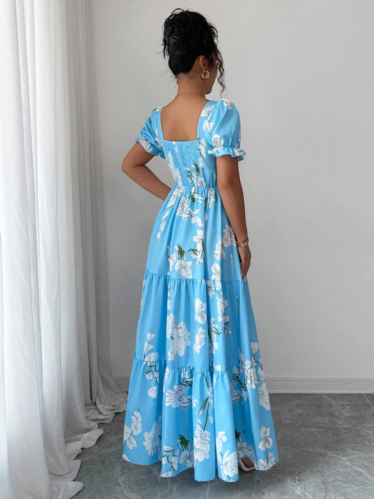 Elenzga New Arrival Women's Square Neck Floral Print Puff Sleeve Backless A-Line Casual Vacation Everyday Elegant Dress
