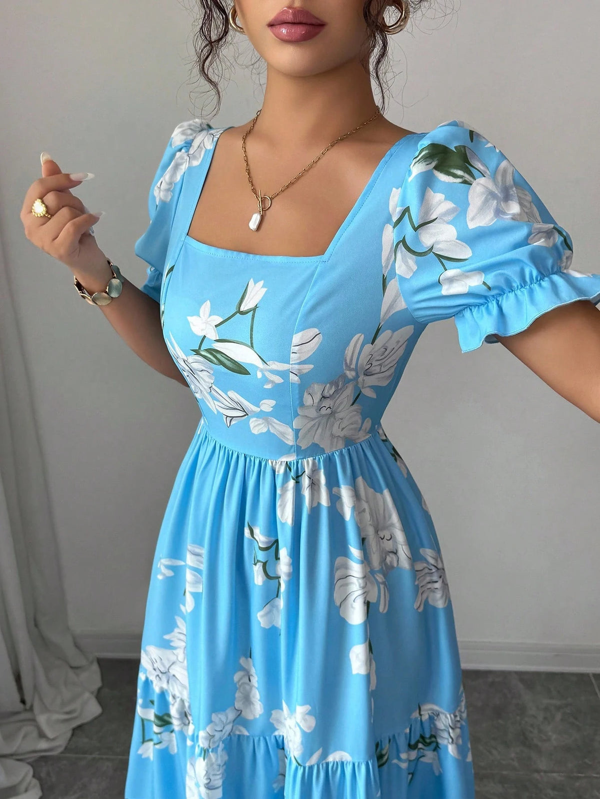 Elenzga New Arrival Women's Square Neck Floral Print Puff Sleeve Backless A-Line Casual Vacation Everyday Elegant Dress