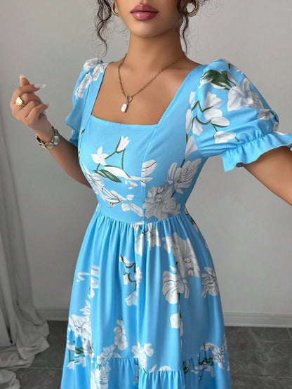 Elenzga New Arrival Women's Square Neck Floral Print Puff Sleeve Backless A-Line Casual Vacation Everyday Elegant Dress