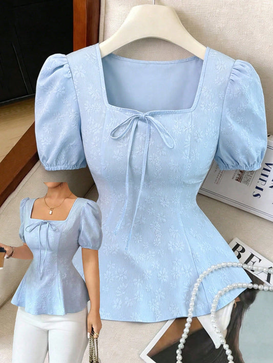 Elenzga New Women's Fashion Versatile French Bowknot Up High-End Puff Sleeve Unique Elegant Jacquard Fabric Shirt