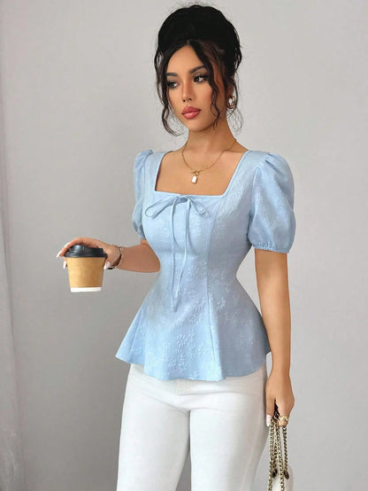 Elenzga New Women's Fashion Versatile French Bowknot Up High-End Puff Sleeve Unique Elegant Jacquard Fabric Shirt