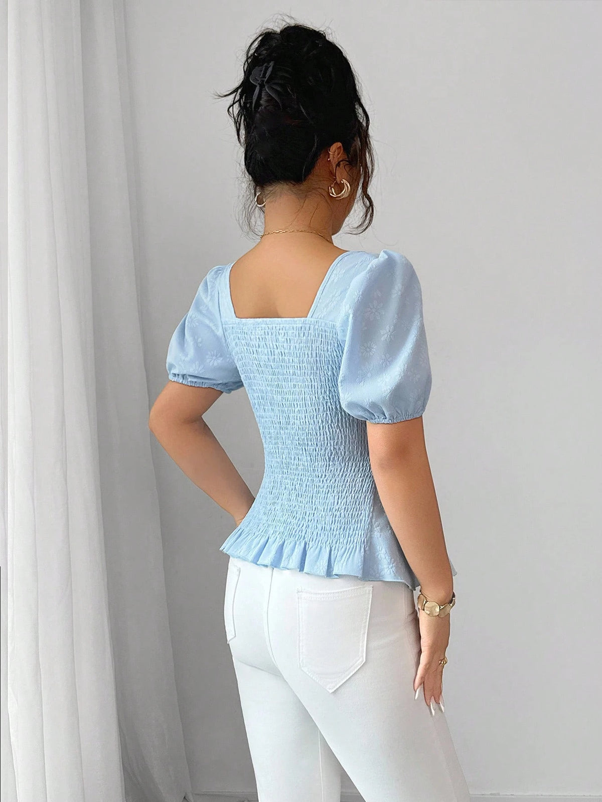 Elenzga New Women's Fashion Versatile French Bowknot Up High-End Puff Sleeve Unique Elegant Jacquard Fabric Shirt
