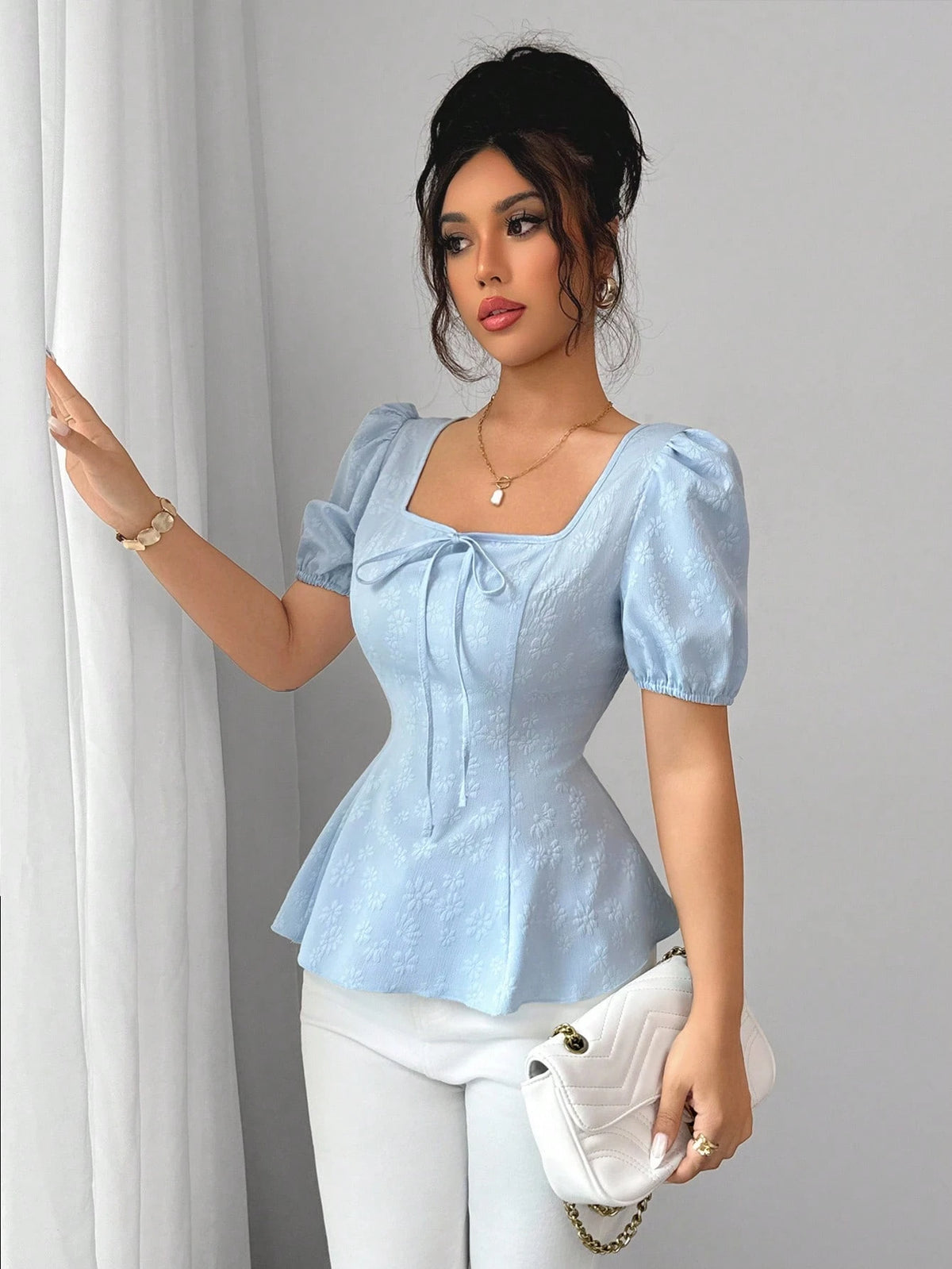 Elenzga New Women's Fashion Versatile French Bowknot Up High-End Puff Sleeve Unique Elegant Jacquard Fabric Shirt