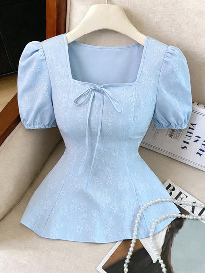 Elenzga New Women's Fashion Versatile French Bowknot Up High-End Puff Sleeve Unique Elegant Jacquard Fabric Shirt