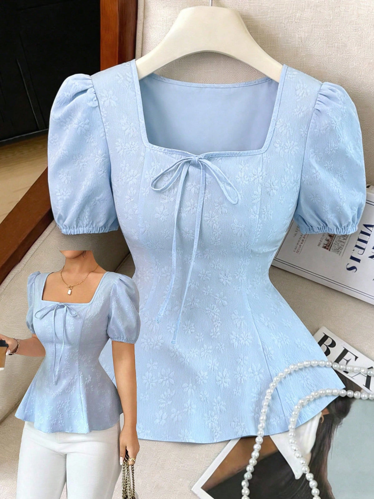 Elenzga New Women's Fashion Versatile French Bowknot Up High-End Puff Sleeve Unique Elegant Jacquard Fabric Shirt