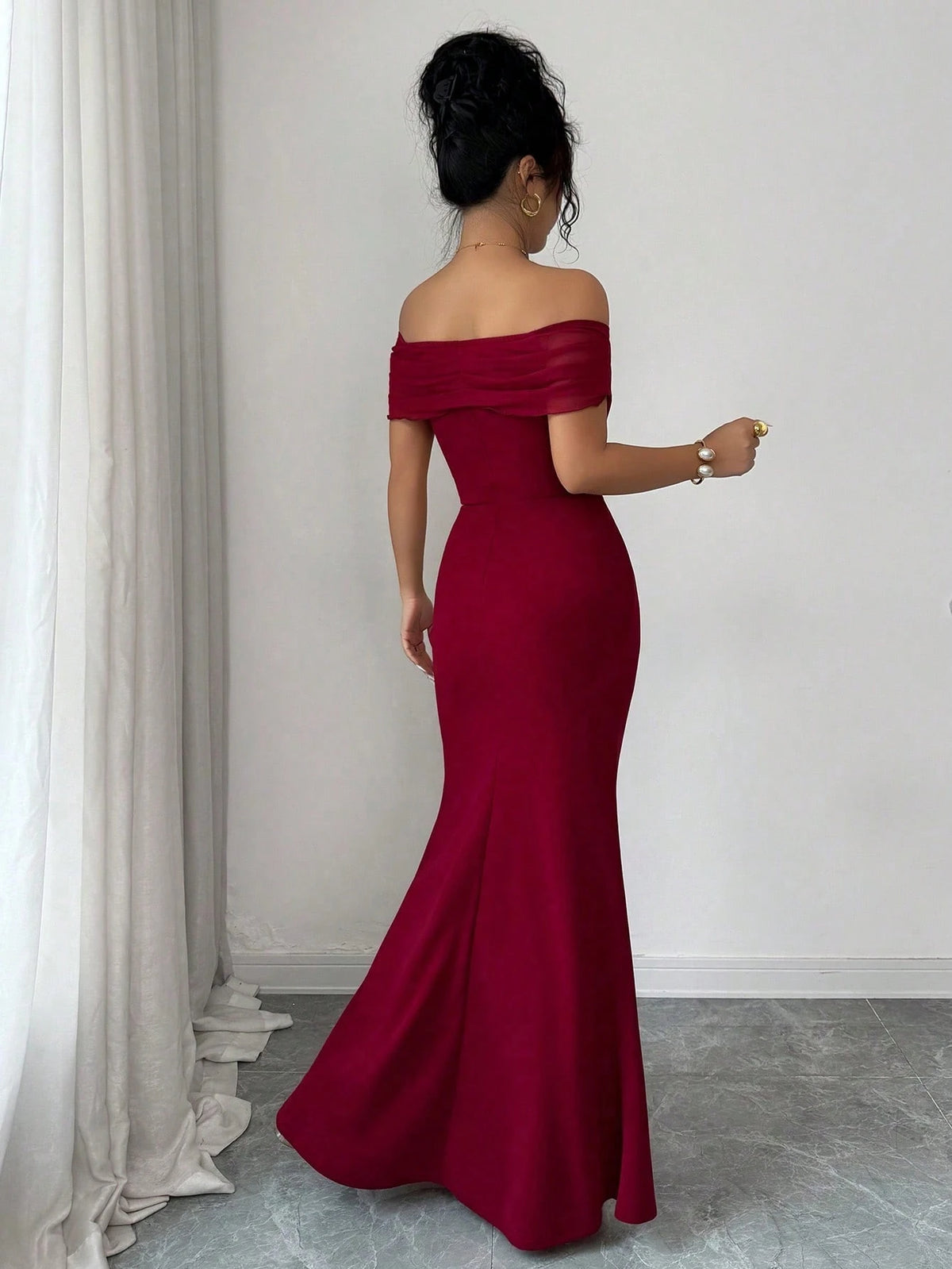 Elenzga Off-Shoulder Ruched Mermaid Hem Asymmetric Diamond Decor Elegant Romantic Sophisticated Ladies Dress