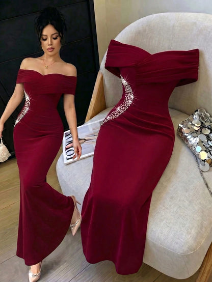 Elenzga Off-Shoulder Ruched Mermaid Hem Asymmetric Diamond Decor Elegant Romantic Sophisticated Ladies Dress