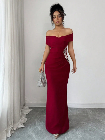 Elenzga Off-Shoulder Ruched Mermaid Hem Asymmetric Diamond Decor Elegant Romantic Sophisticated Ladies Dress