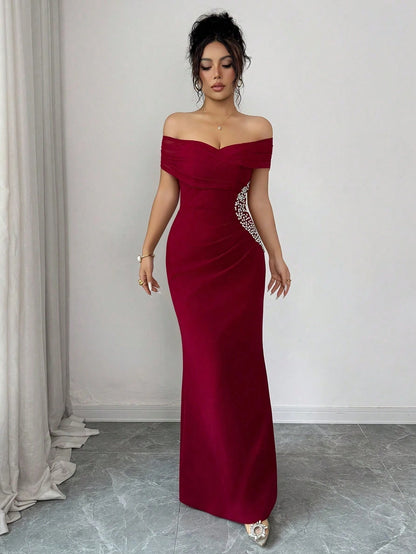 Elenzga Off-Shoulder Ruched Mermaid Hem Asymmetric Diamond Decor Elegant Romantic Sophisticated Ladies Dress