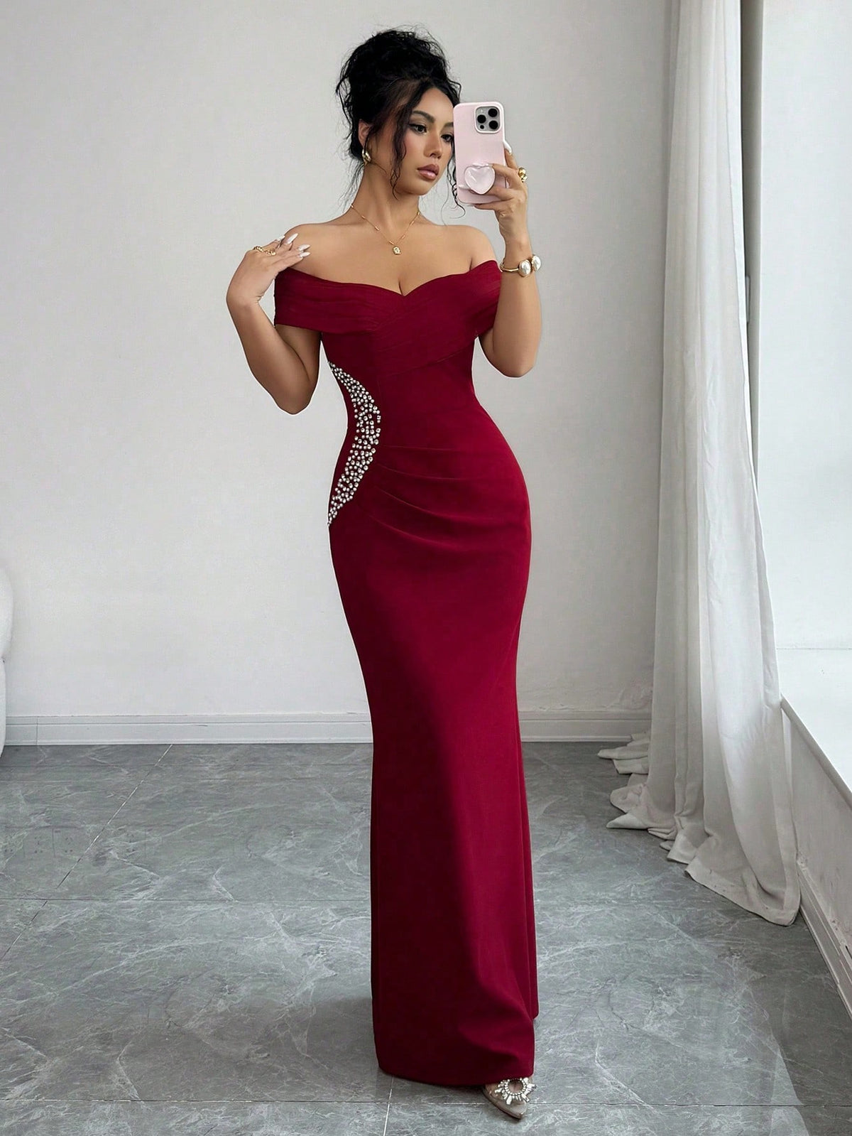 Elenzga Off-Shoulder Ruched Mermaid Hem Asymmetric Diamond Decor Elegant Romantic Sophisticated Ladies Dress