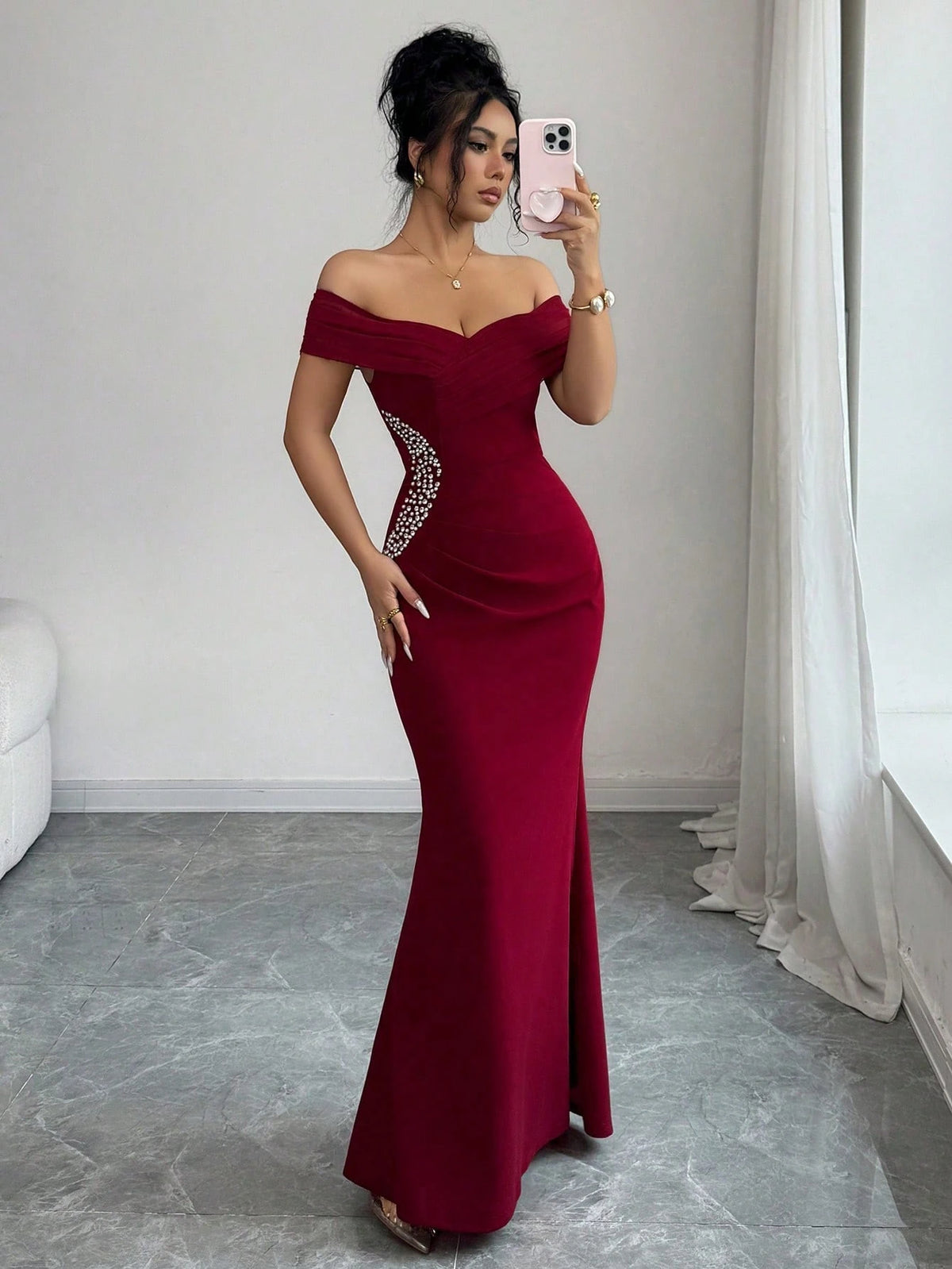 Elenzga Off-Shoulder Ruched Mermaid Hem Asymmetric Diamond Decor Elegant Romantic Sophisticated Ladies Dress