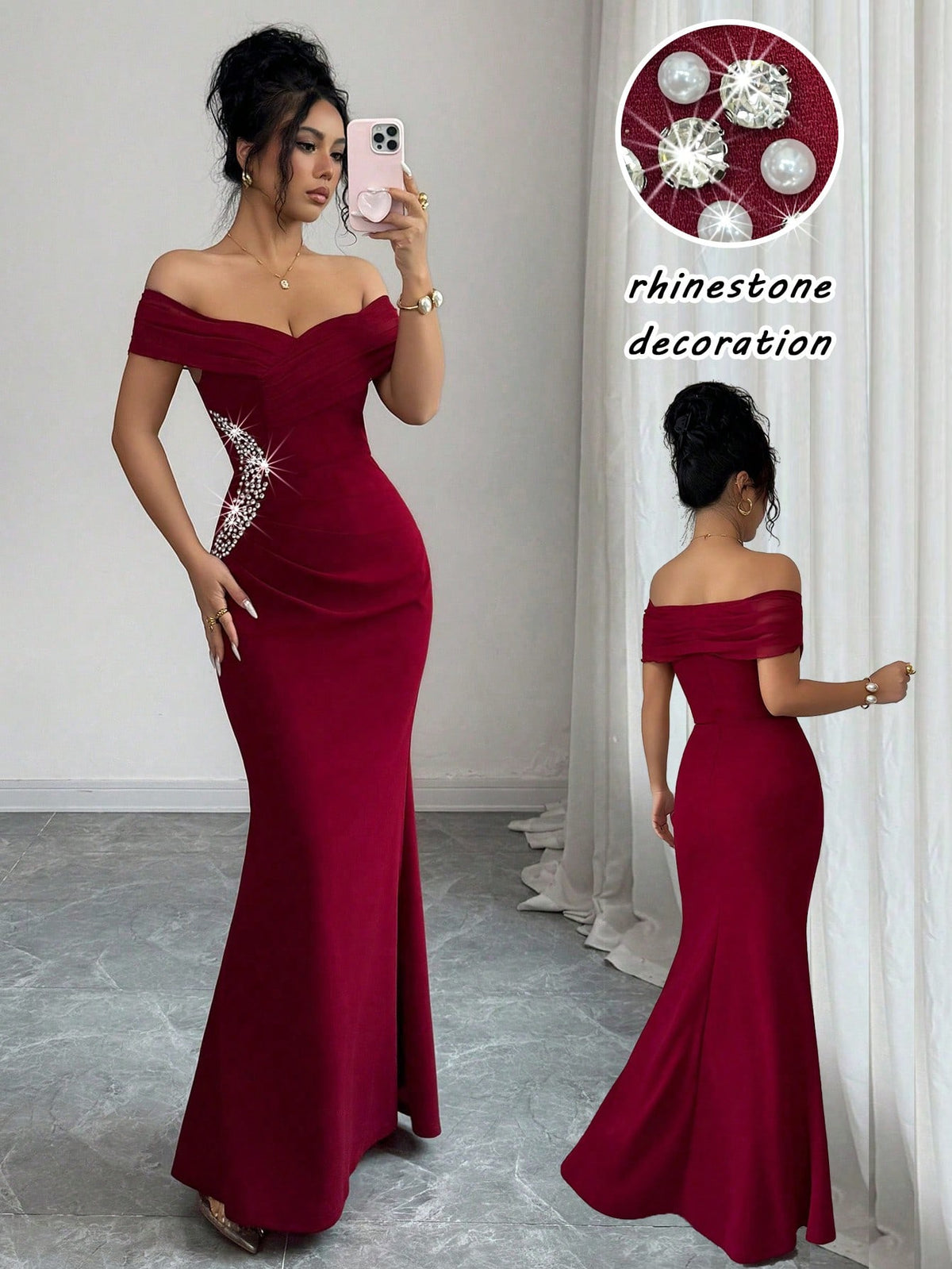 Elenzga Off-Shoulder Ruched Mermaid Hem Asymmetric Diamond Decor Elegant Romantic Sophisticated Ladies Dress