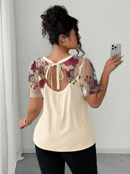Elenzga Plus Size Shirt With Floral Cutting, Mesh Embroidery, Minimalist Fashion, Suitable For Summer Chic