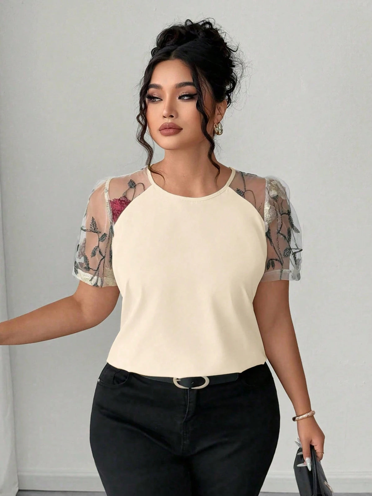Elenzga Plus Size Shirt With Floral Cutting, Mesh Embroidery, Minimalist Fashion, Suitable For Summer Chic