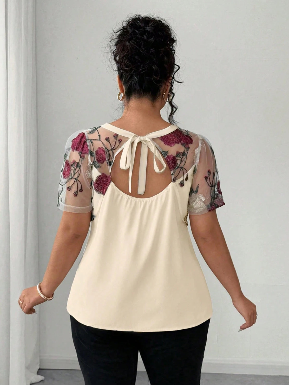 Elenzga Plus Size Shirt With Floral Cutting, Mesh Embroidery, Minimalist Fashion, Suitable For Summer Chic