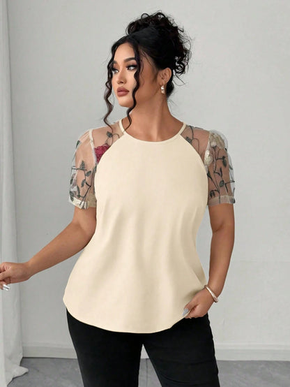 Elenzga Plus Size Shirt With Floral Cutting, Mesh Embroidery, Minimalist Fashion, Suitable For Summer Chic