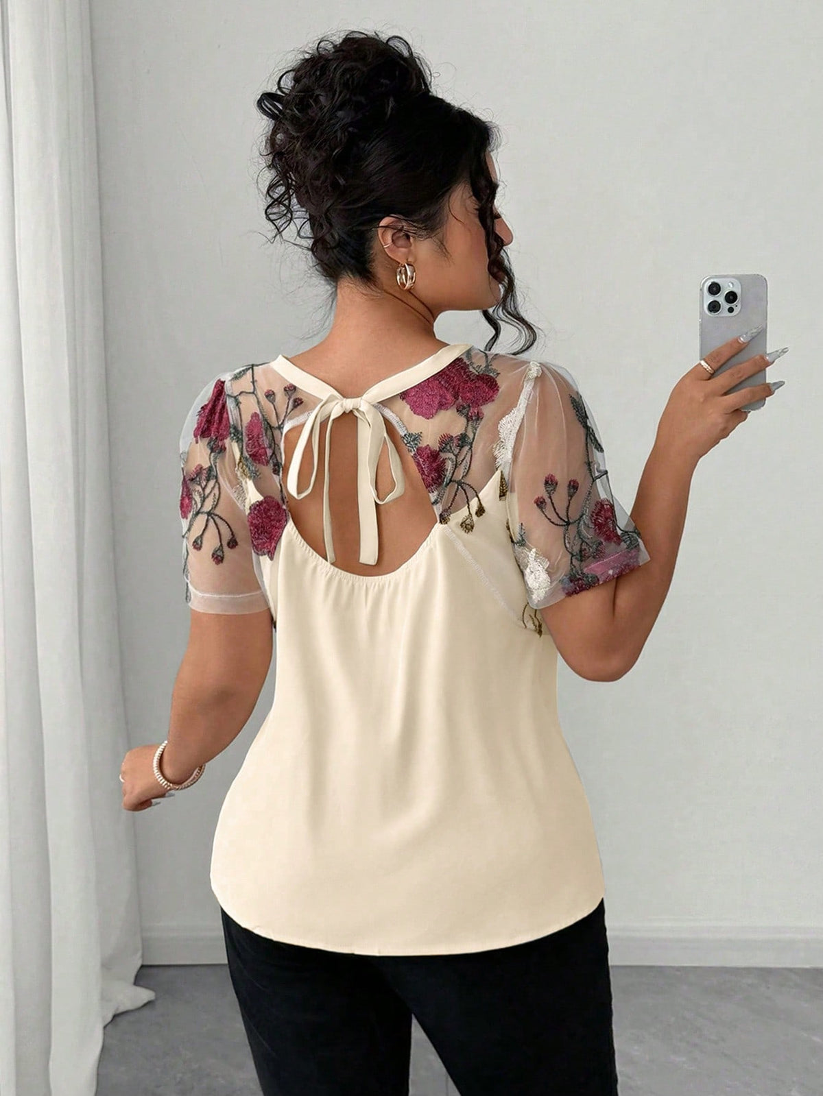 Elenzga Plus Size Shirt With Floral Cutting, Mesh Embroidery, Minimalist Fashion, Suitable For Summer Chic
