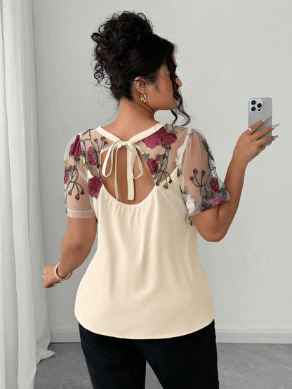 Elenzga Plus Size Shirt With Floral Cutting, Mesh Embroidery, Minimalist Fashion, Suitable For Summer Chic
