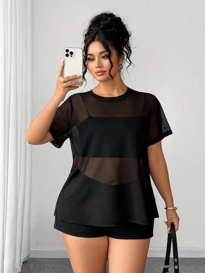 Elenzga Plus Size Solid Color Sheer Round Neck Sexy Short Sleeve T-Shirt, Summer