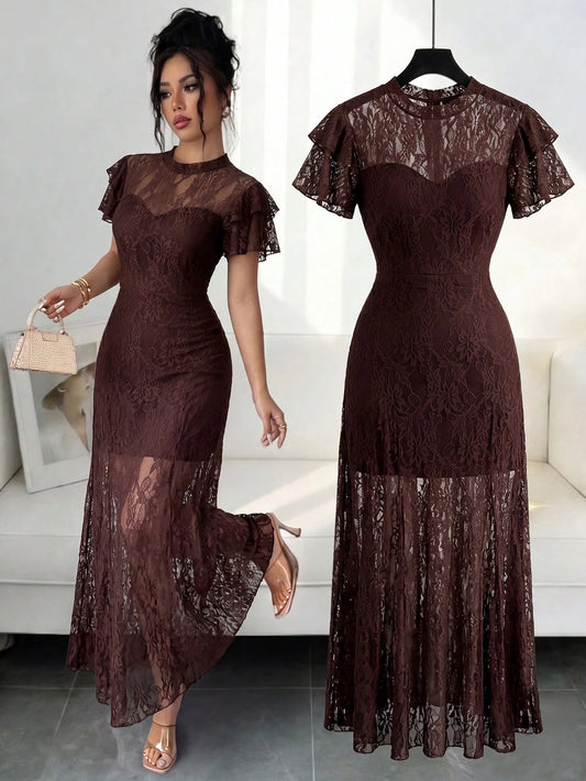 Elenzga Summer Casual Date Night Elegant Romantic Women's Dress, Stand Collar Lace Patchwork Ruffle Sleeve Coffee Color Cinched Waist A-Line Dress