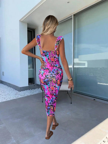 Elenzga Women's Colorful Print Split Cap Sleeve Midi Dress