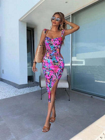 Elenzga Women's Colorful Print Split Cap Sleeve Midi Dress