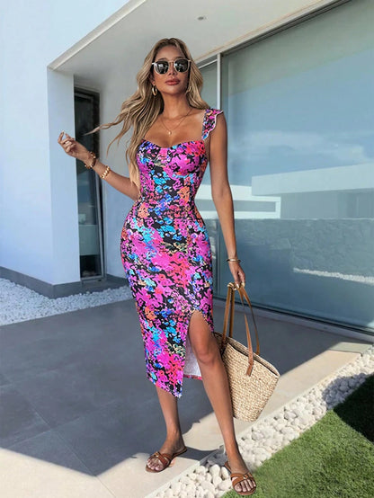Elenzga Women's Colorful Print Split Cap Sleeve Midi Dress