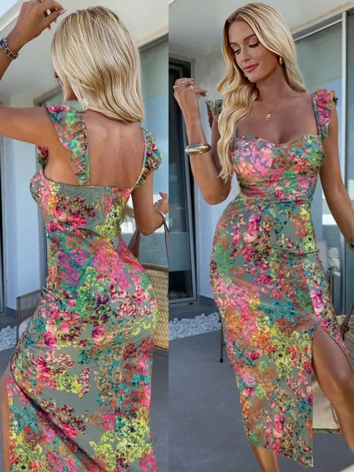 Elenzga Women's Colorful Print Split Cap Sleeve Midi Dress