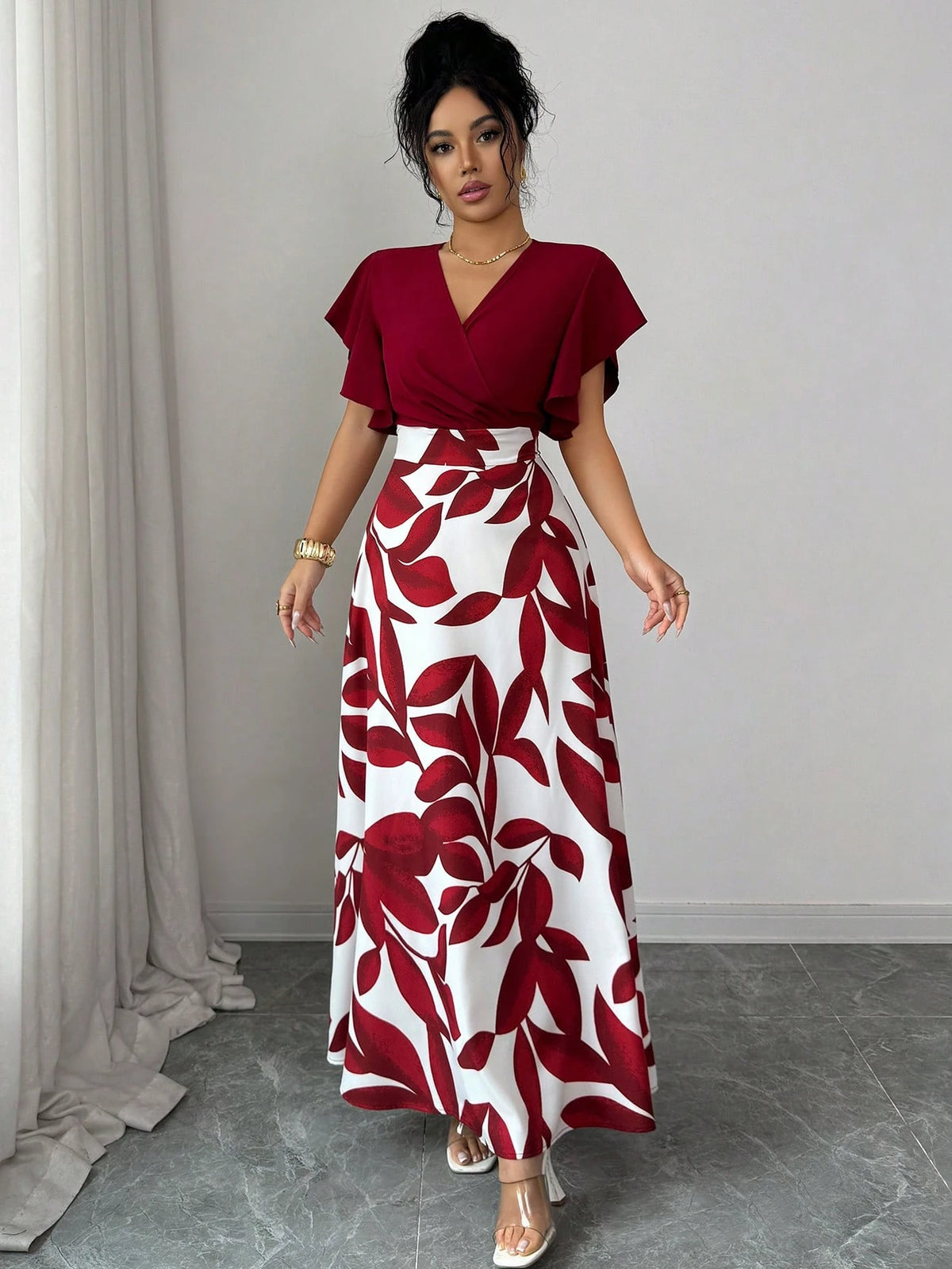 Elenzga Women's Elegant Burgundy Red Leaf Pattern Ruched Cap Sleeve Fitted Flared Dress, Spring/Summer