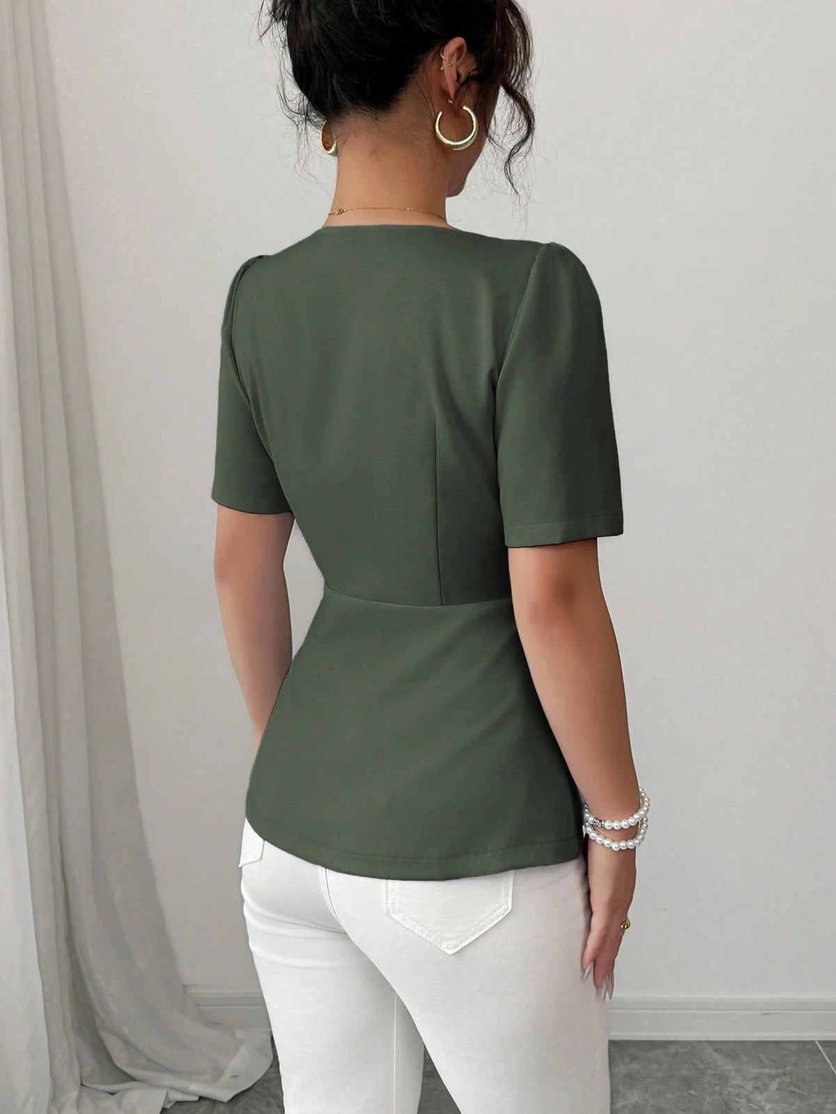 Elenzga Women's Elegant French Style Casual/Commuter/Vacation Solid Color Square Neck Flutter Hem Buttoned Down Slim A-Line Short Sleeve Blouse, Spring/Summer