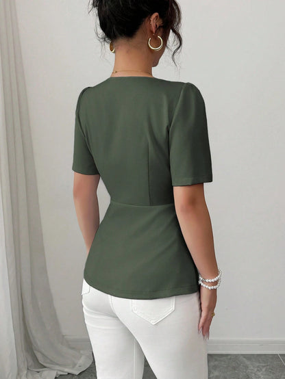 Elenzga Women's Elegant French Style Casual/Commuter/Vacation Solid Color Square Neck Flutter Hem Buttoned Down Slim A-Line Short Sleeve Blouse, Spring/Summer