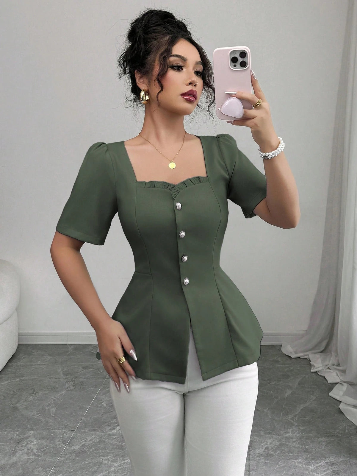 Elenzga Women's Elegant French Style Casual/Commuter/Vacation Solid Color Square Neck Flutter Hem Buttoned Down Slim A-Line Short Sleeve Blouse, Spring/Summer