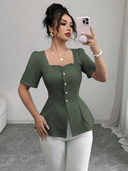 Elenzga Women's Elegant French Style Casual/Commuter/Vacation Solid Color Square Neck Flutter Hem Buttoned Down Slim A-Line Short Sleeve Blouse, Spring/Summer