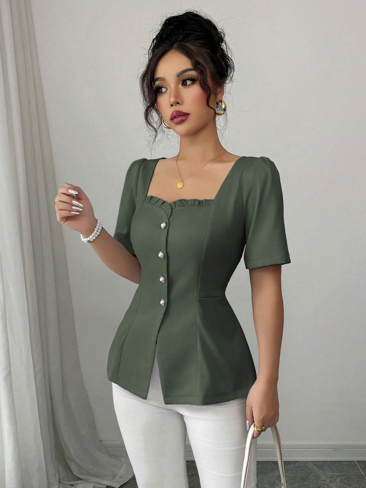 Elenzga Women's Elegant French Style Casual/Commuter/Vacation Solid Color Square Neck Flutter Hem Buttoned Down Slim A-Line Short Sleeve Blouse, Spring/Summer