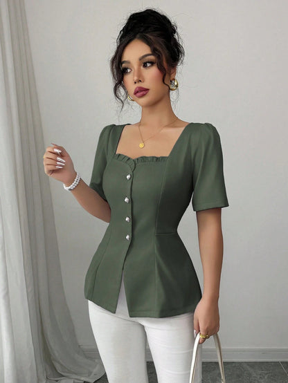Elenzga Women's Elegant French Style Casual/Commuter/Vacation Solid Color Square Neck Flutter Hem Buttoned Down Slim A-Line Short Sleeve Blouse, Spring/Summer