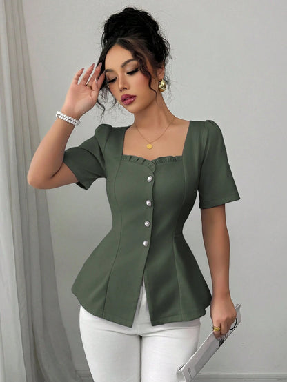 Elenzga Women's Elegant French Style Casual/Commuter/Vacation Solid Color Square Neck Flutter Hem Buttoned Down Slim A-Line Short Sleeve Blouse, Spring/Summer