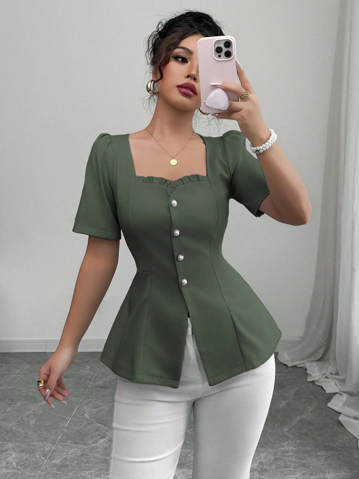 Elenzga Women's Elegant French Style Casual/Commuter/Vacation Solid Color Square Neck Flutter Hem Buttoned Down Slim A-Line Short Sleeve Blouse, Spring/Summer