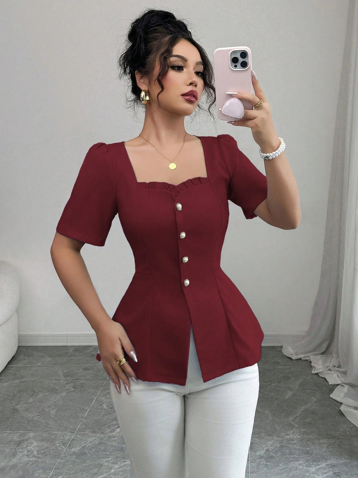 Elenzga Women's Elegant French Style Casual/Commuter/Vacation Solid Color Square Neck Flutter Hem Buttoned Down Slim A-Line Short Sleeve Blouse, Spring/Summer