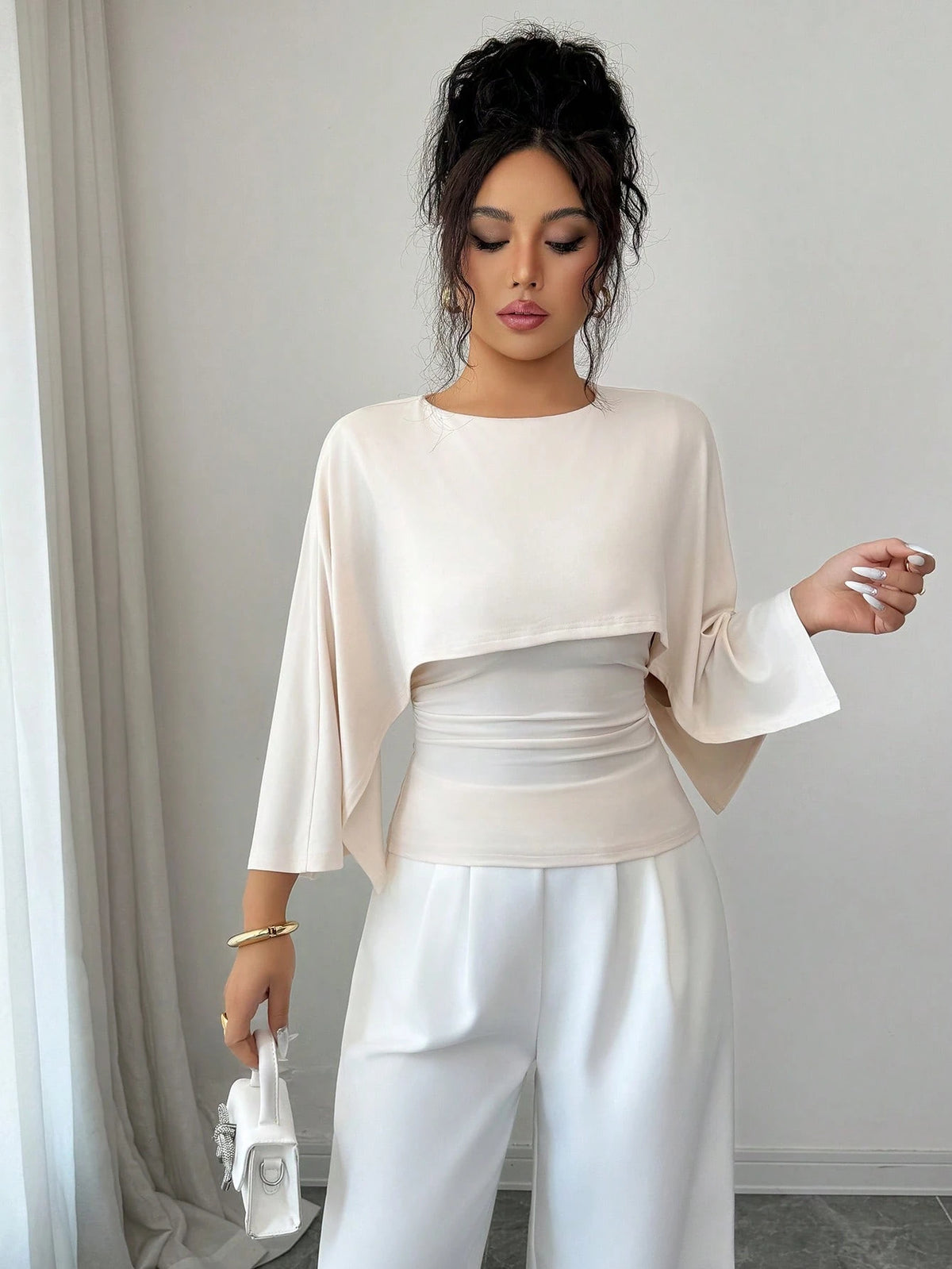 Elenzga Women's Elegant Solid Color Elegant Round Neck Party Waist T-Shirt, Summer