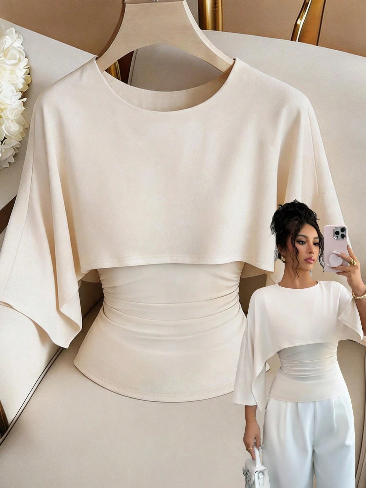 Elenzga Women's Elegant Solid Color Elegant Round Neck Party Waist T-Shirt, Summer