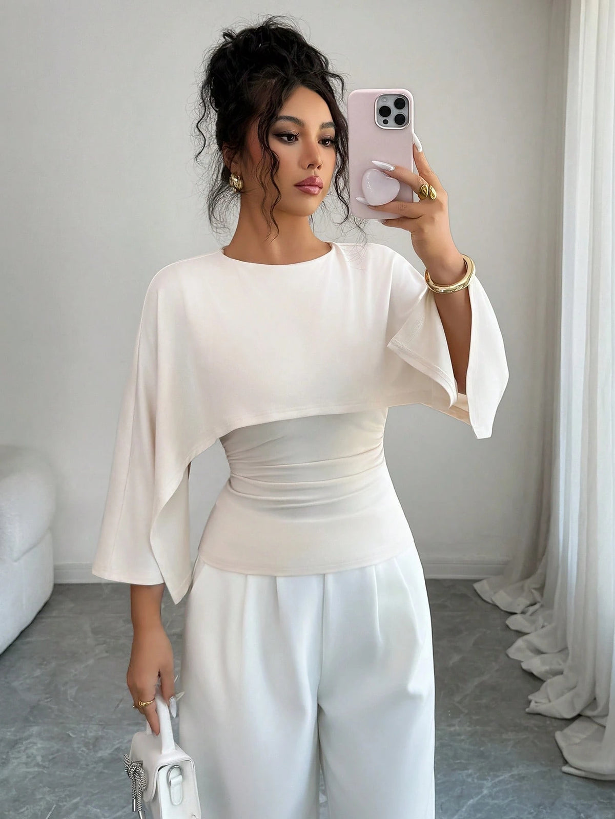 Elenzga Women's Elegant Solid Color Elegant Round Neck Party Waist T-Shirt, Summer