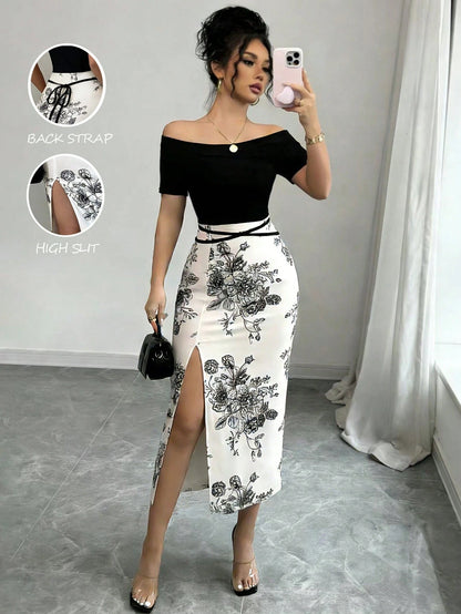 Elenzga Women's Floral Print Off-Shoulder Side Slit Midi Dress