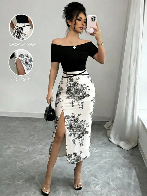 Elenzga Women's Floral Print Off-Shoulder Side Slit Midi Dress