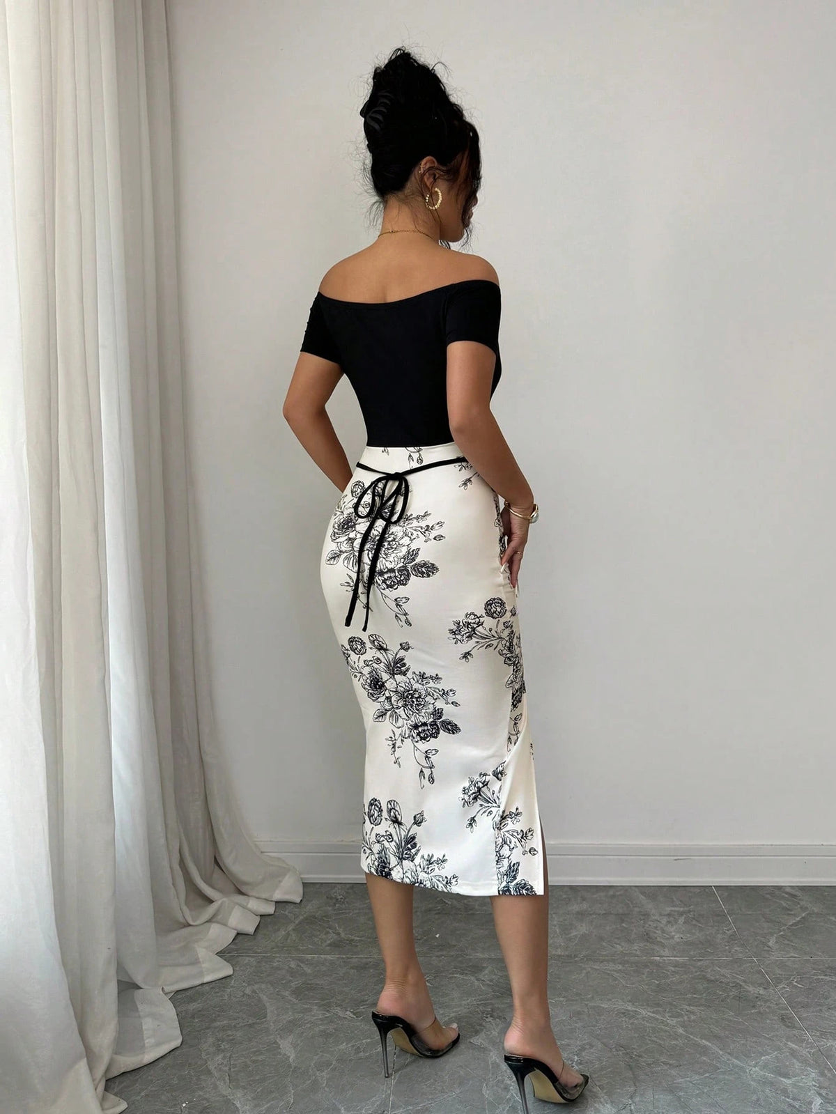 Elenzga Women's Floral Print Off-Shoulder Side Slit Midi Dress