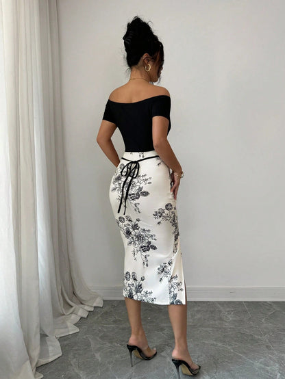 Elenzga Women's Floral Print Off-Shoulder Side Slit Midi Dress