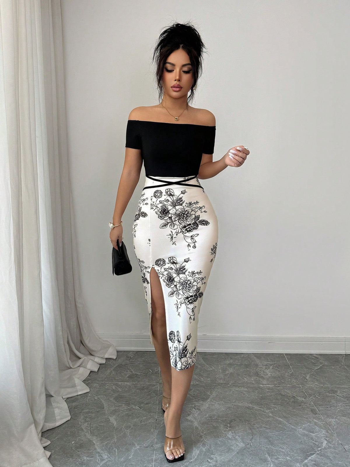 Elenzga Women's Floral Print Off-Shoulder Side Slit Midi Dress
