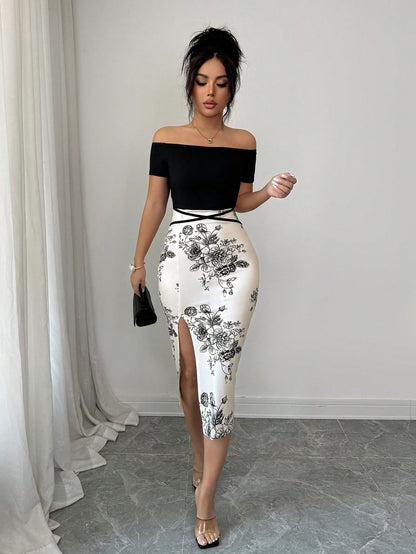 Elenzga Women's Floral Print Off-Shoulder Side Slit Midi Dress