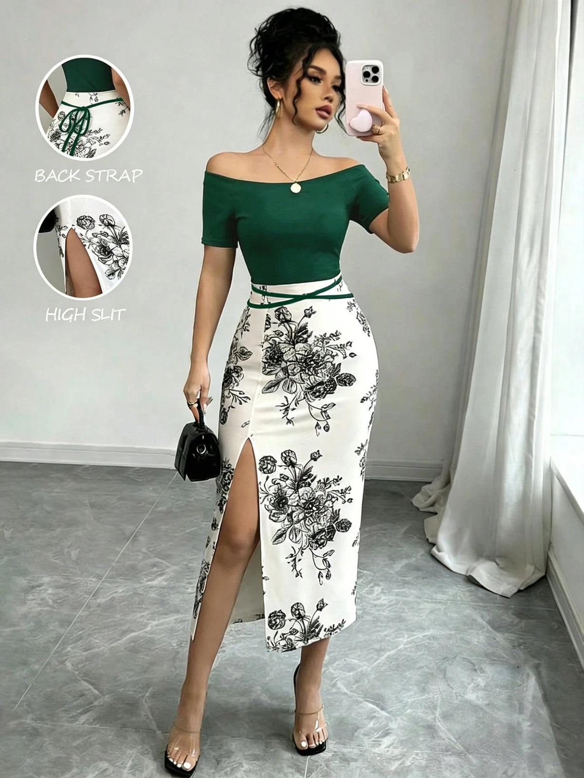 Elenzga Women's Floral Print Off-Shoulder Side Slit Midi Dress