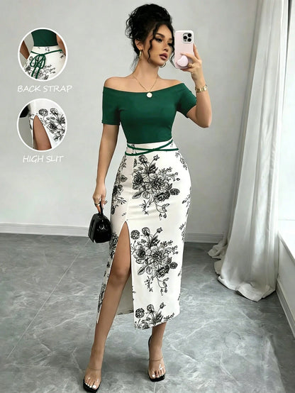 Elenzga Women's Floral Print Off-Shoulder Side Slit Midi Dress