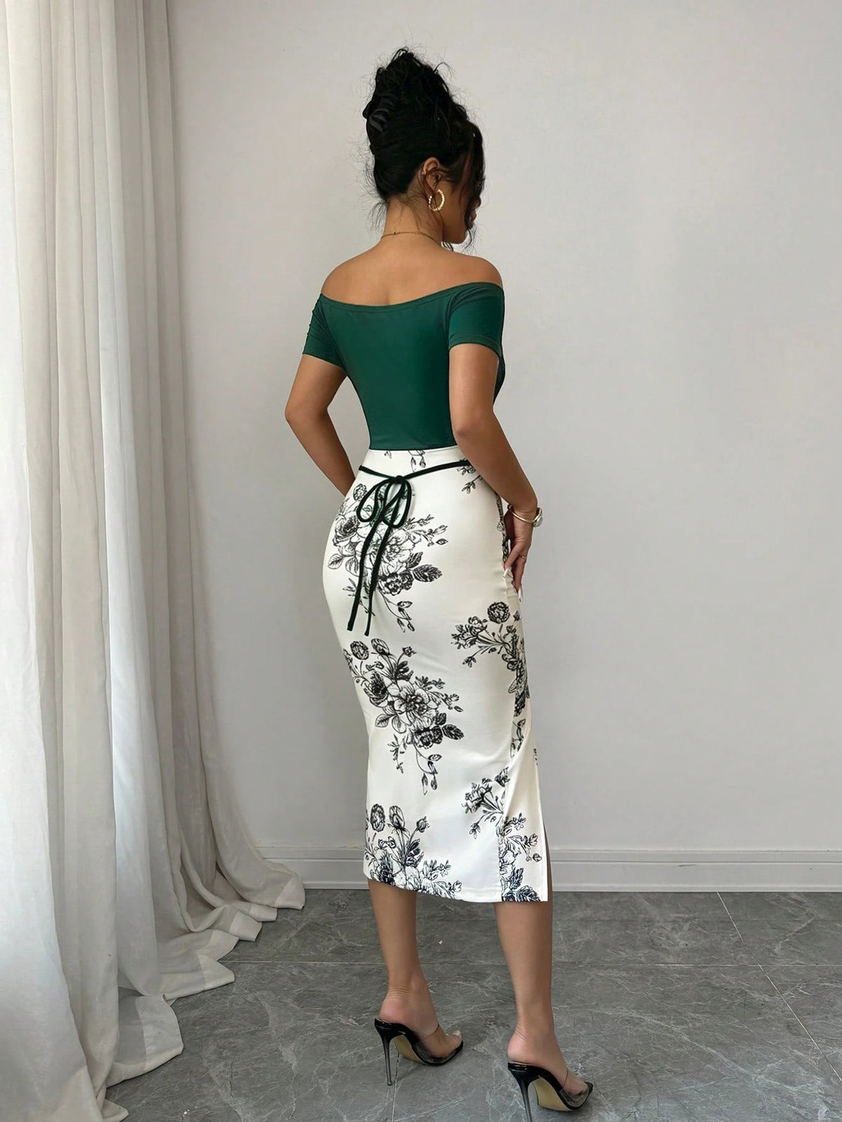 Elenzga Women's Floral Print Off-Shoulder Side Slit Midi Dress